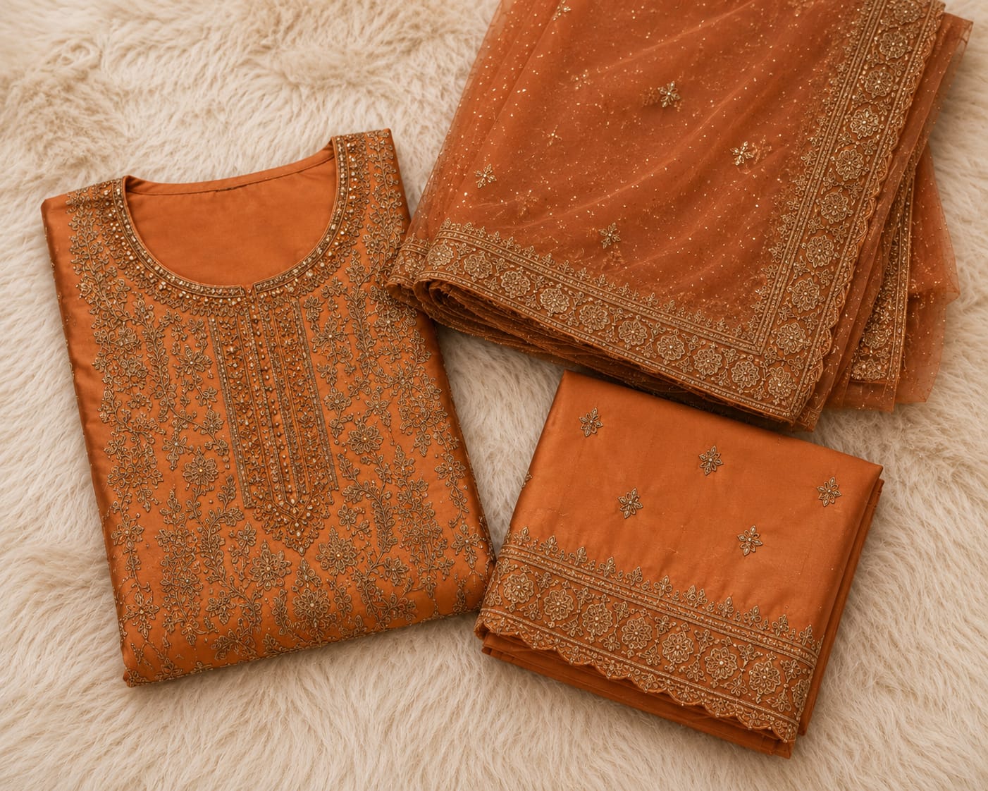 Rust Orange Luxury Organza 3 Piece Unstitched Suit