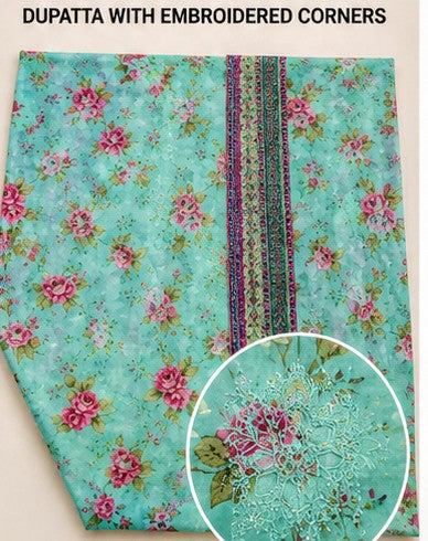 AQUA BLOSSOM EMBROIDERED PRINTED LAWN 3-PIECE SUIT