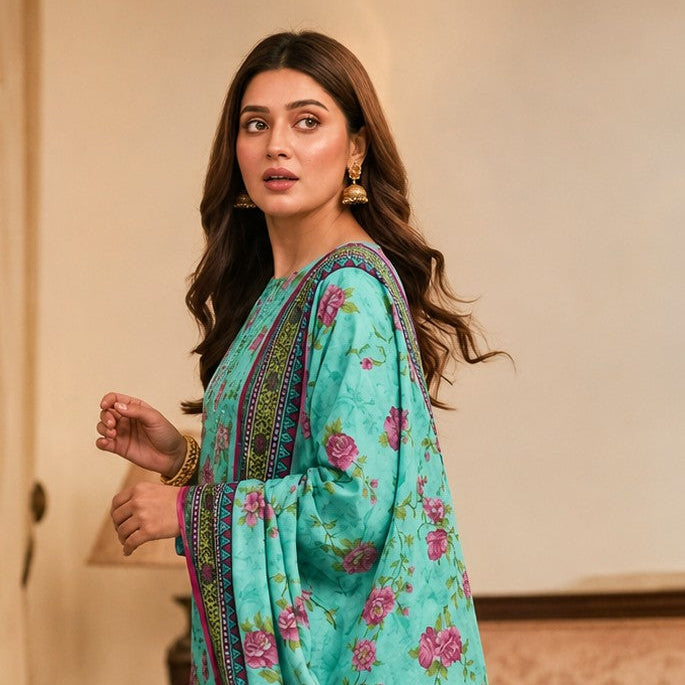 AQUA BLOSSOM EMBROIDERED PRINTED LAWN 3-PIECE SUIT