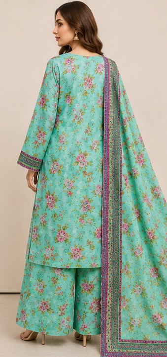 AQUA BLOSSOM EMBROIDERED PRINTED LAWN 3-PIECE SUIT