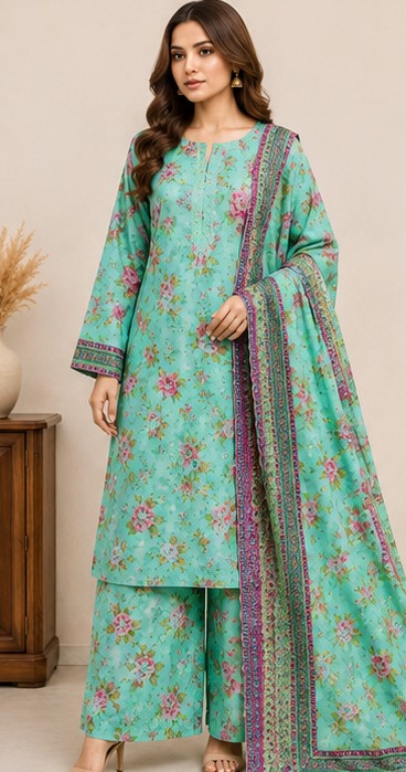 AQUA BLOSSOM EMBROIDERED PRINTED LAWN 3-PIECE SUIT