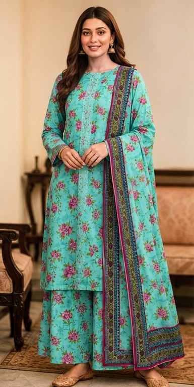 AQUA BLOSSOM EMBROIDERED PRINTED LAWN 3-PIECE SUIT