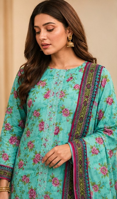 AQUA BLOSSOM EMBROIDERED PRINTED LAWN 3-PIECE SUIT