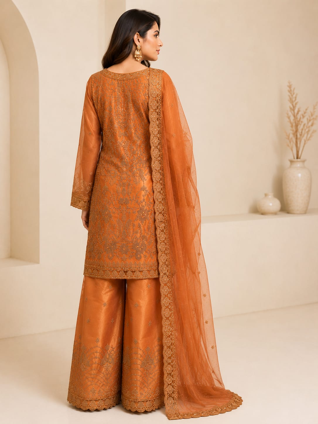 Rust Orange Luxury Organza 3 Piece Unstitched Suit