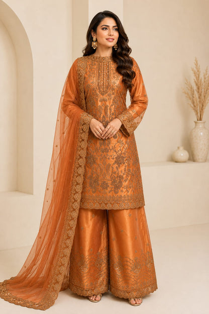 Rust Orange Luxury Organza 3 Piece Unstitched Suit