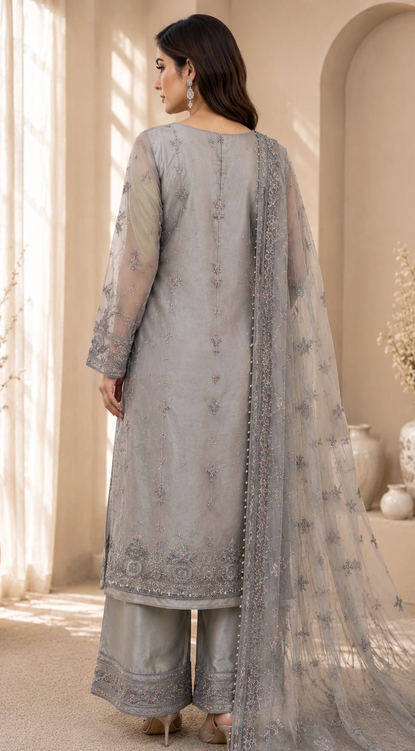 Ice Grey Organza Embroidered 3pcs dress