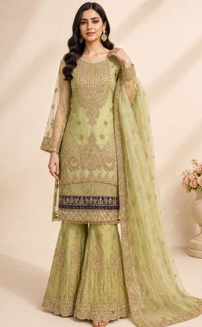 Lime Green Embroidered Gharara