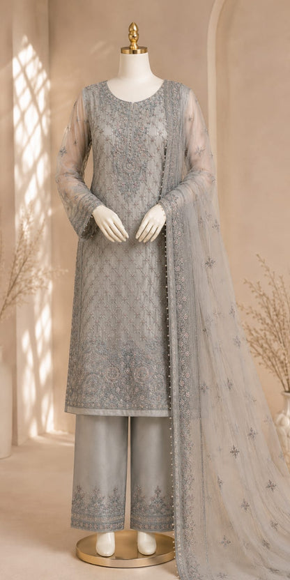 Ice Grey Organza Embroidered 3pcs dress