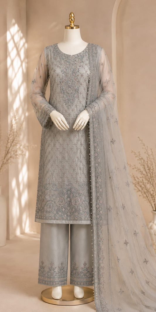 Ice Grey Organza Embroidered 3pcs dress