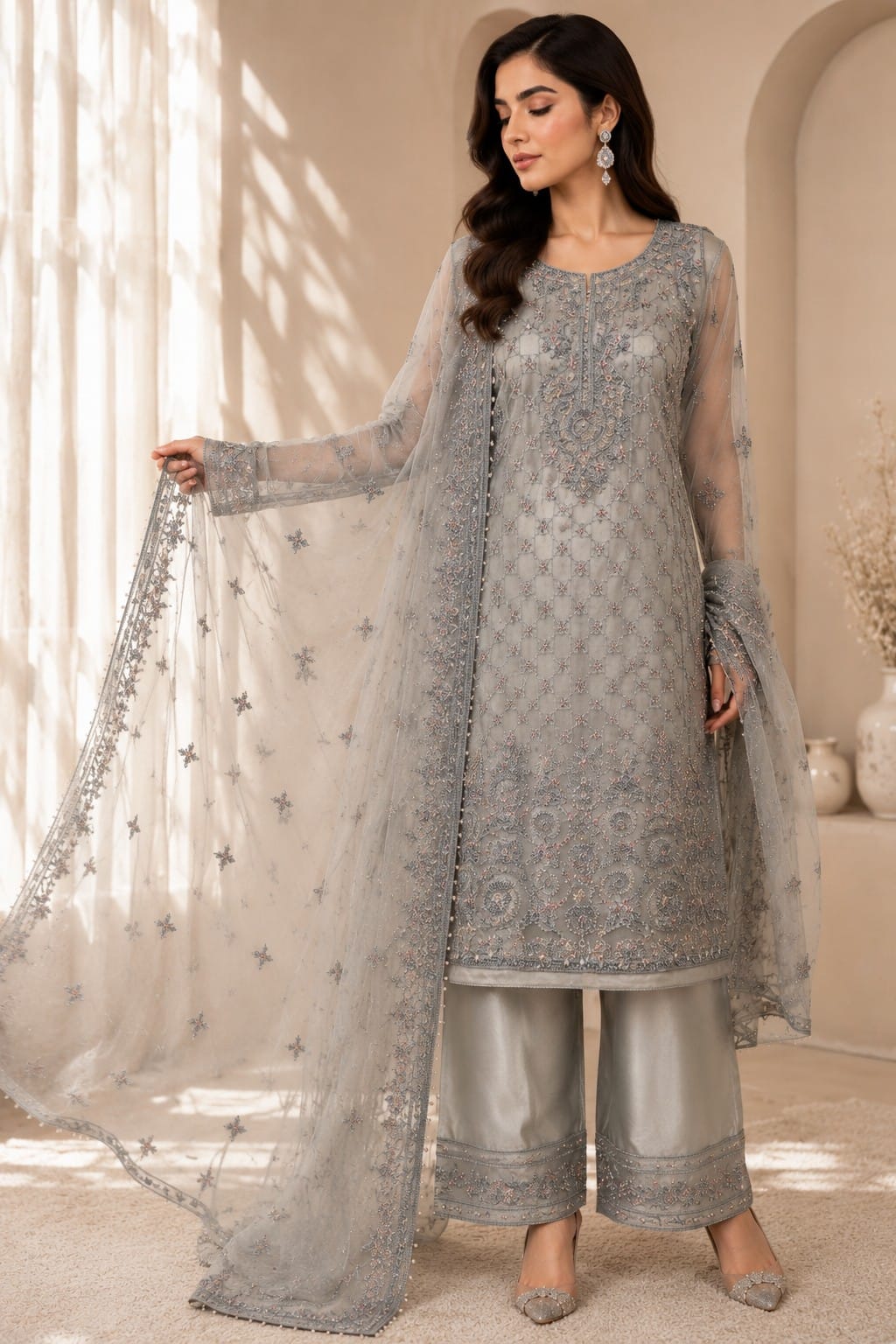Ice Grey Organza Embroidered 3pcs dress