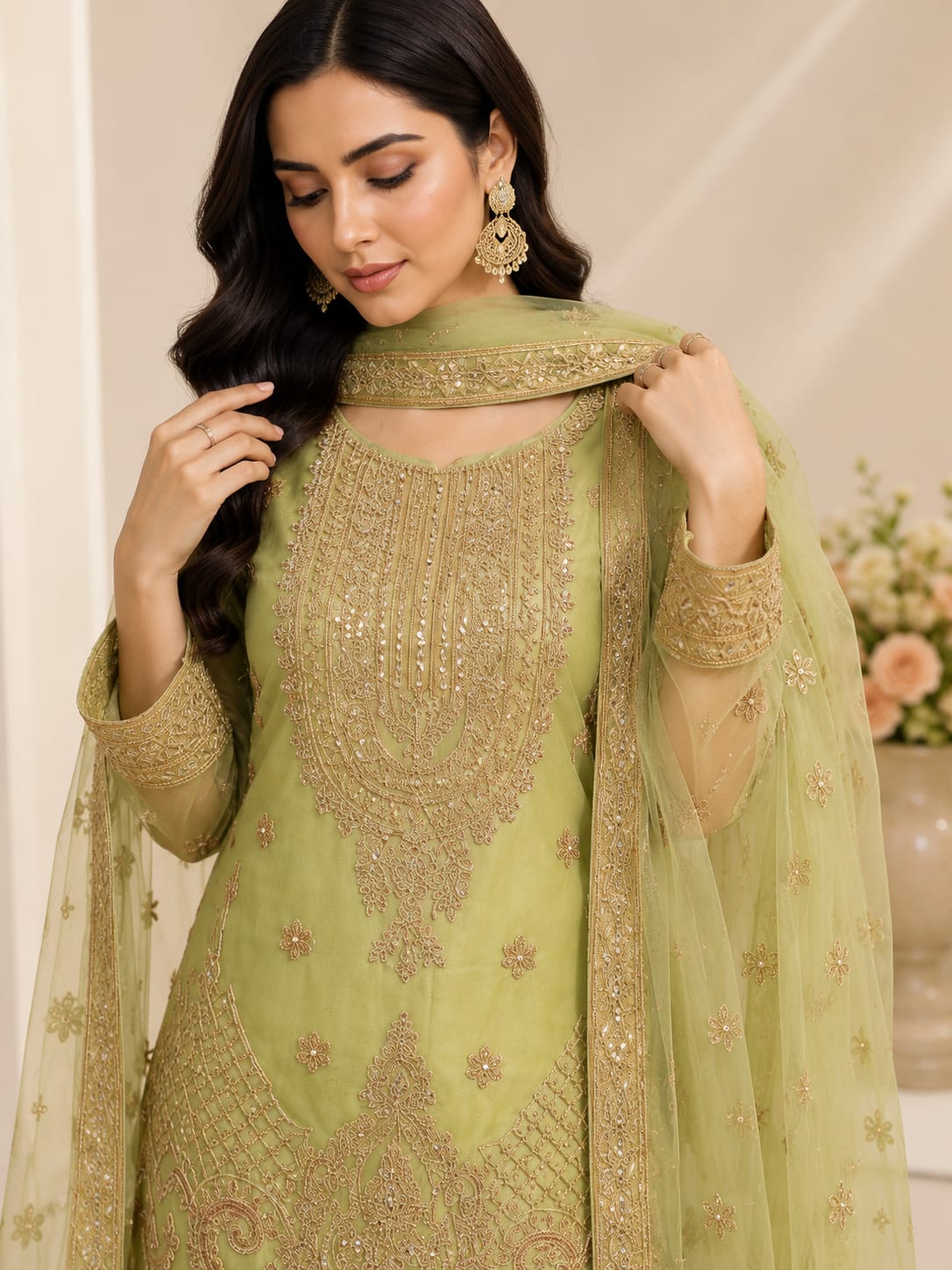 Lime Green Embroidered Gharara