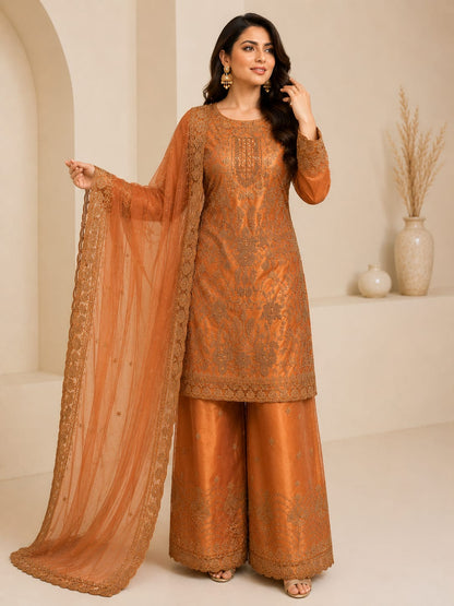 Rust Orange Luxury Organza 3 Piece Unstitched Suit