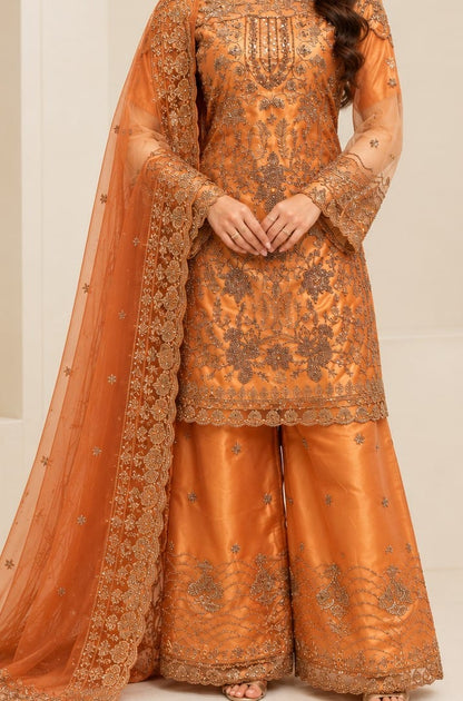 Rust Orange Luxury Organza 3 Piece Unstitched Suit