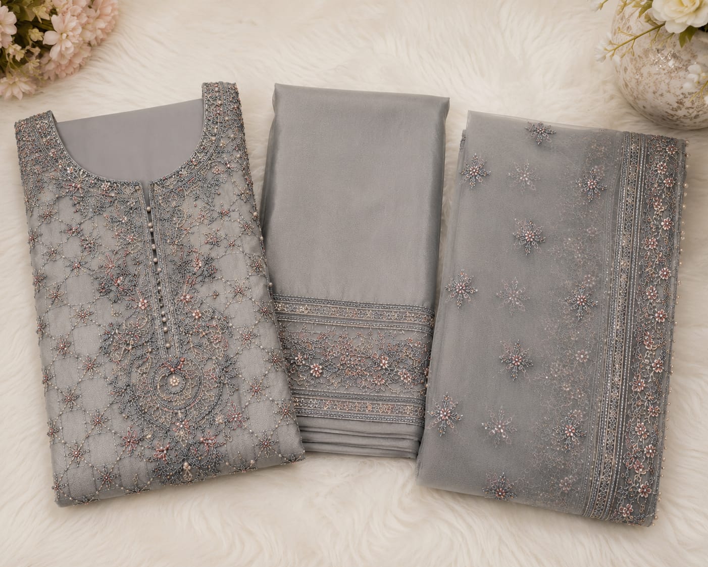 Ice Grey Organza Embroidered 3pcs dress