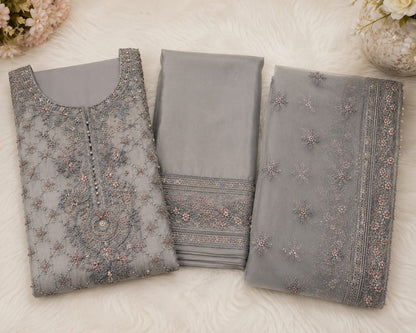 Ice Grey Organza Embroidered 3pcs dress