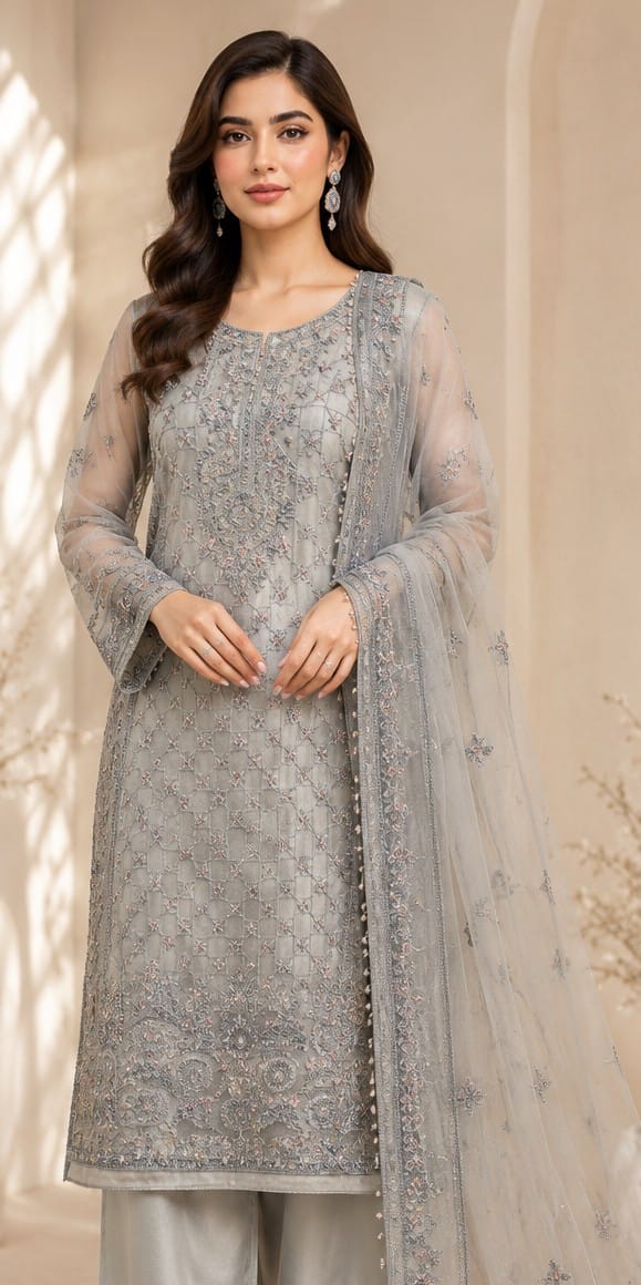 Ice Grey Organza Embroidered 3pcs dress