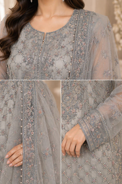 Ice Grey Organza Embroidered 3pcs dress