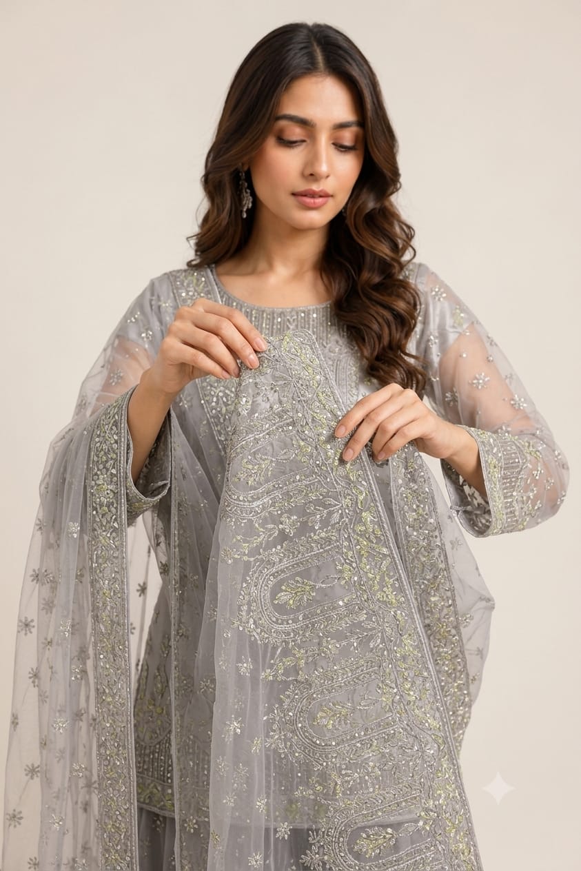 Pearl Majesty -Luxury Net lehenga with Satin silk , 3pcs Un-stitched Lehenga Set