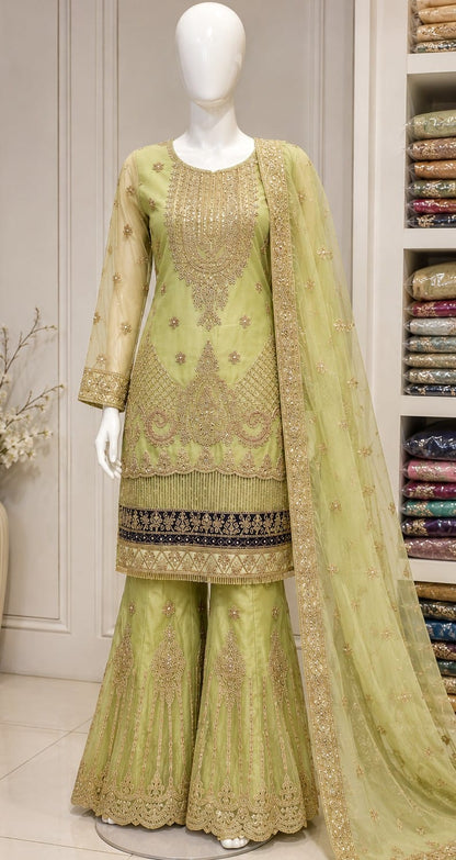 Lime Green Embroidered Gharara