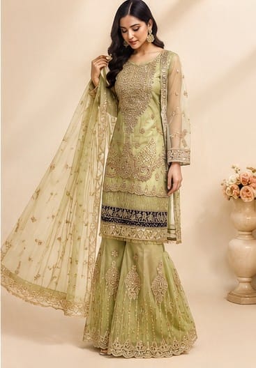Lime Green Embroidered Gharara